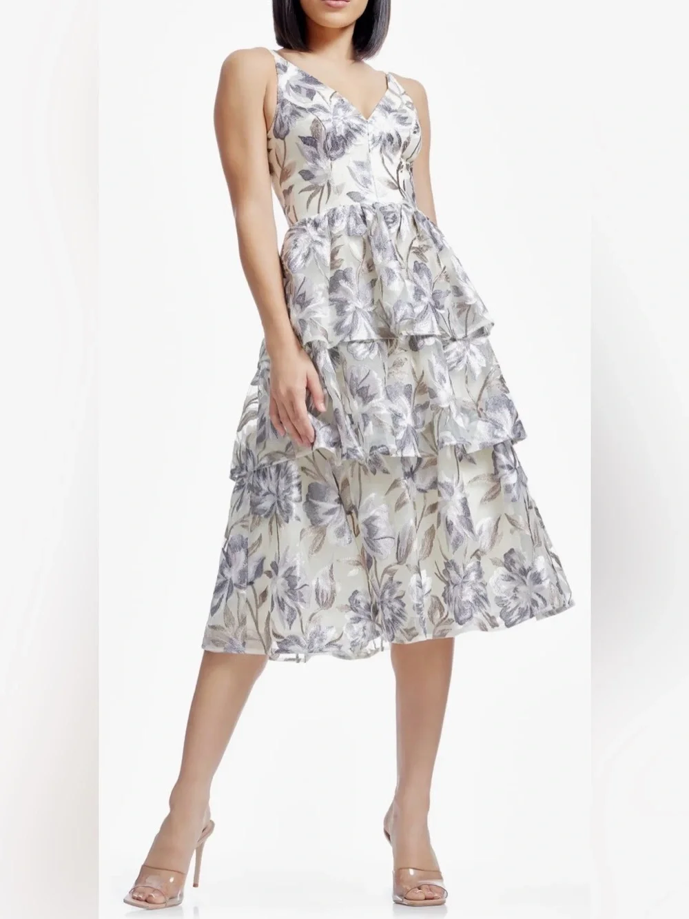 NEW Dress the Population Lorelai Floral Embroidery Tiered Midi Dress Sz L